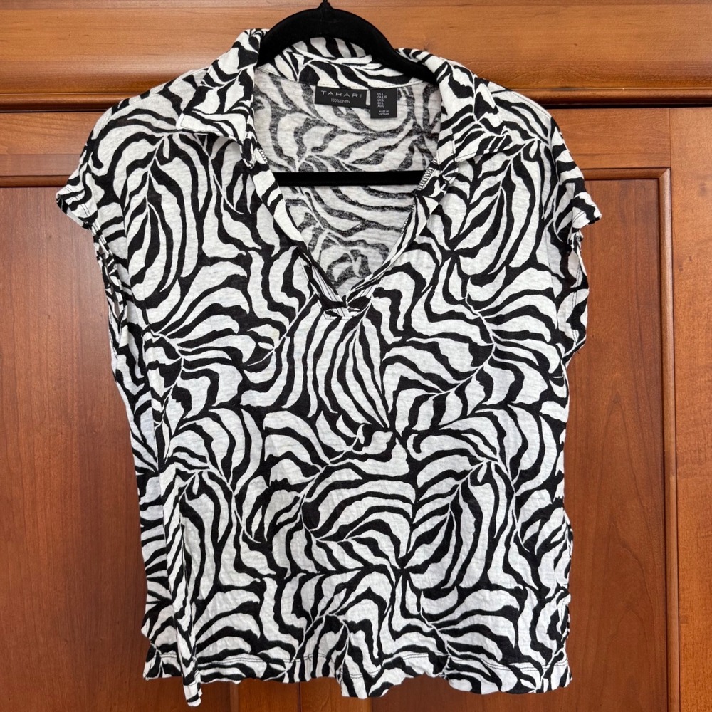 Tahari Womens Zebra Print 100% Linen V-Neck Cap Sleeve Top Black White Large EUC